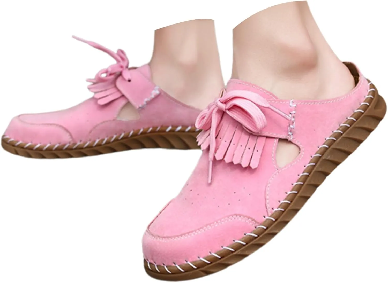 Mule Loafers for Women Round Toe Bowknot Tassel Flats Slip On Slides Open Back Cutout Summer Casual Shoes Closed Toe Backless Loafer
