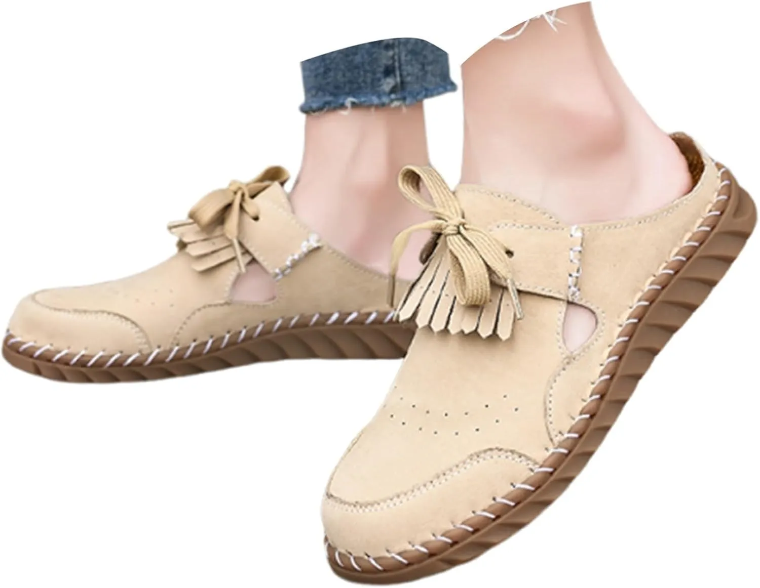 Mule Loafers for Women Round Toe Bowknot Tassel Flats Slip On Slides Open Back Cutout Summer Casual Shoes Closed Toe Backless Loafer