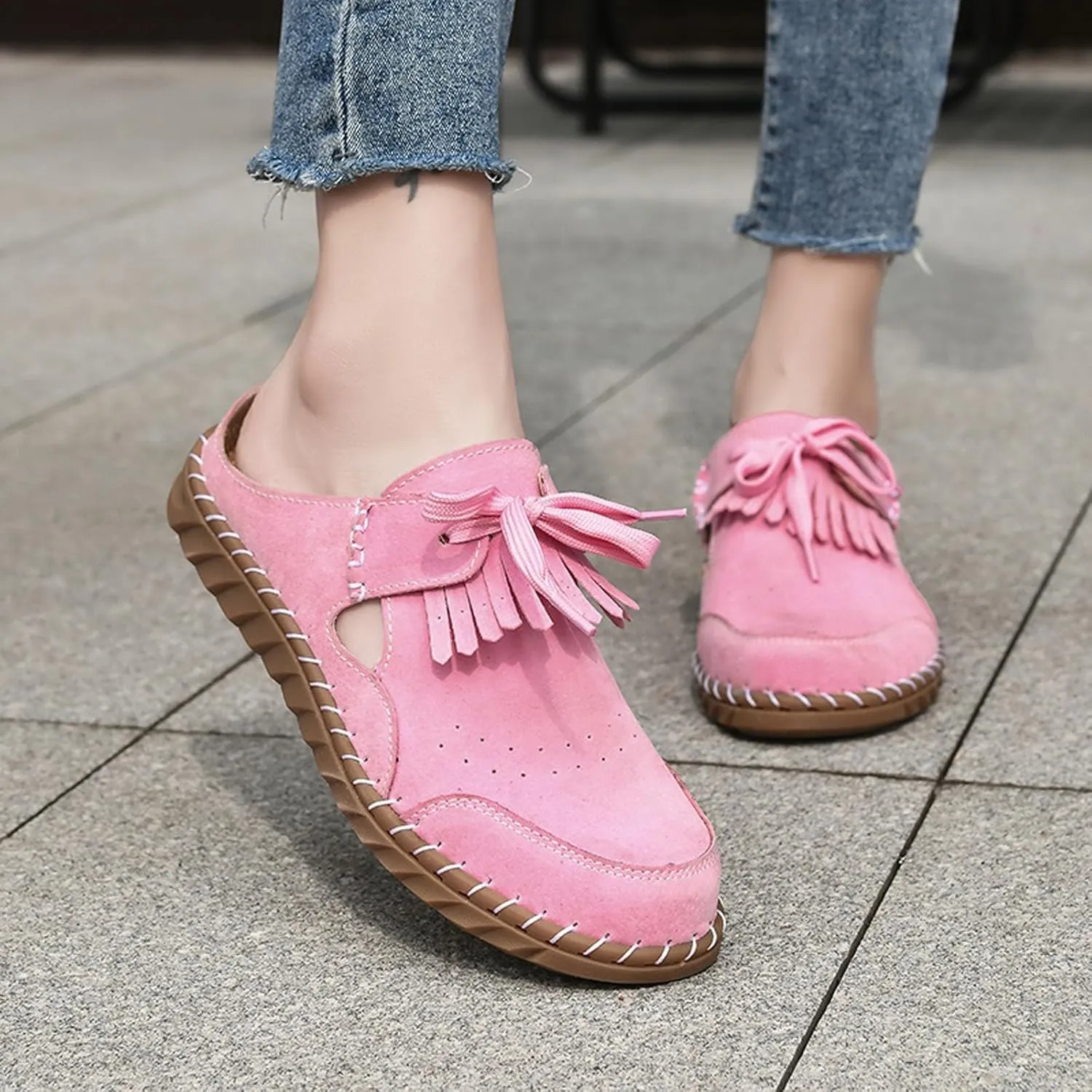 Mule Loafers for Women Round Toe Bowknot Tassel Flats Slip On Slides Open Back Cutout Summer Casual Shoes Closed Toe Backless Loafer