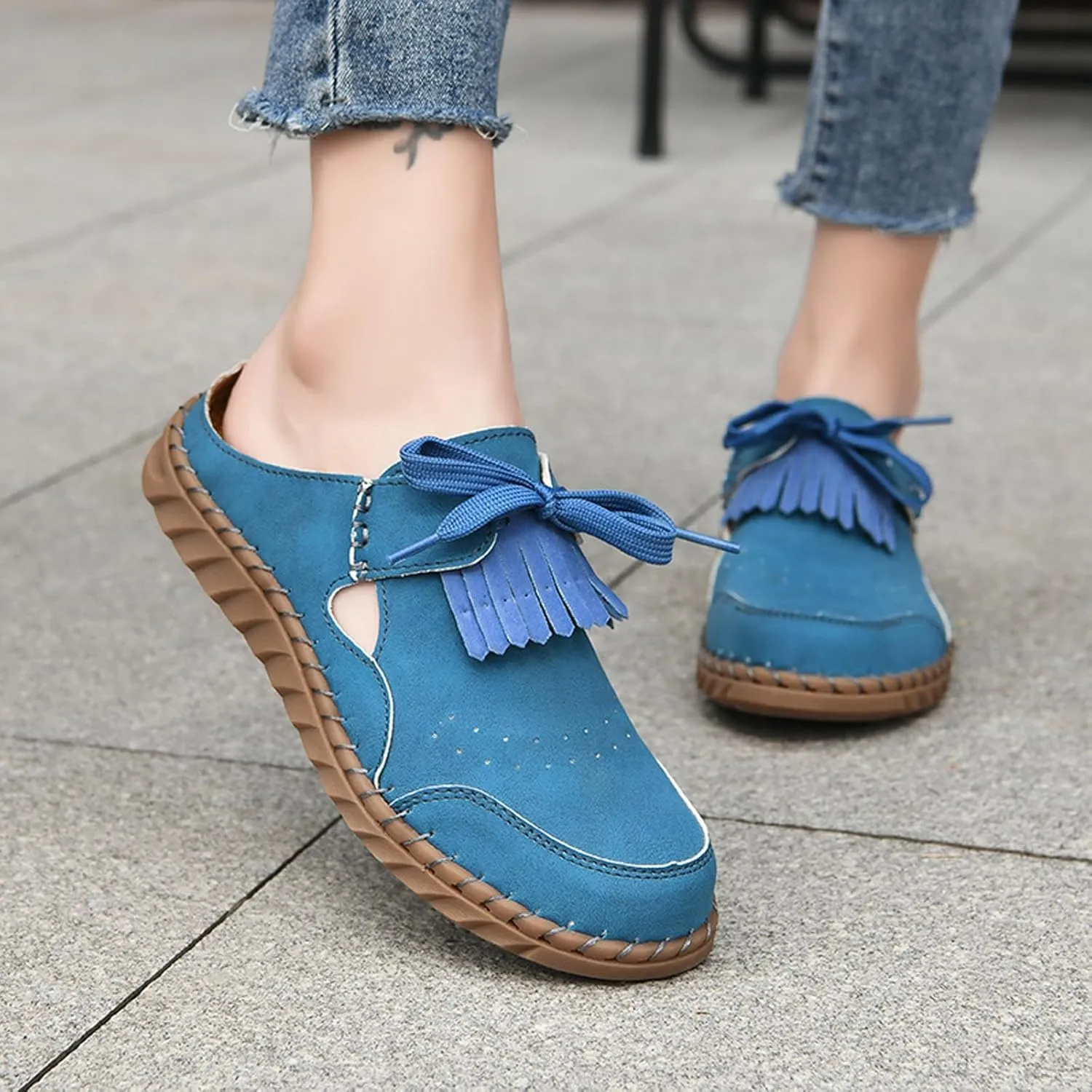 Mule Loafers for Women Round Toe Bowknot Tassel Flats Slip On Slides Open Back Cutout Summer Casual Shoes Closed Toe Backless Loafer