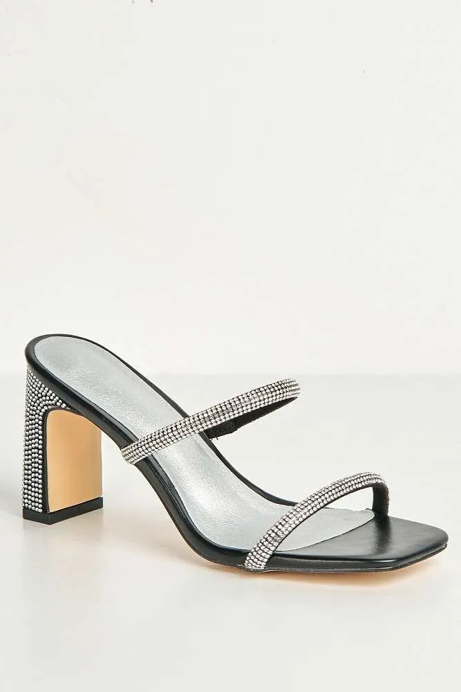 Pia 2 Diamante Strap & Flare Heel Mules in Black