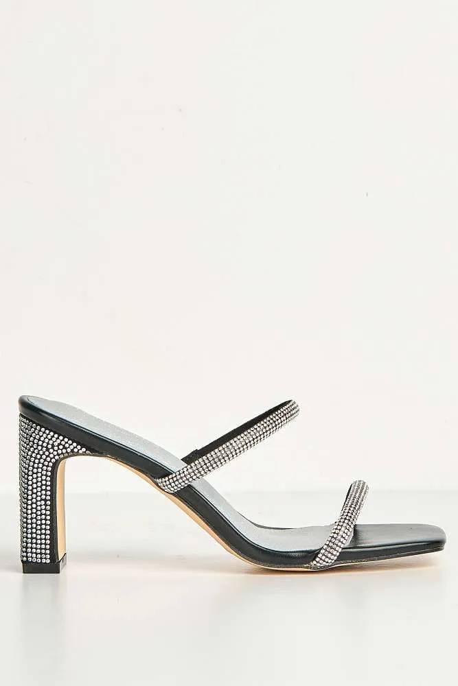 Pia 2 Diamante Strap & Flare Heel Mules in Black