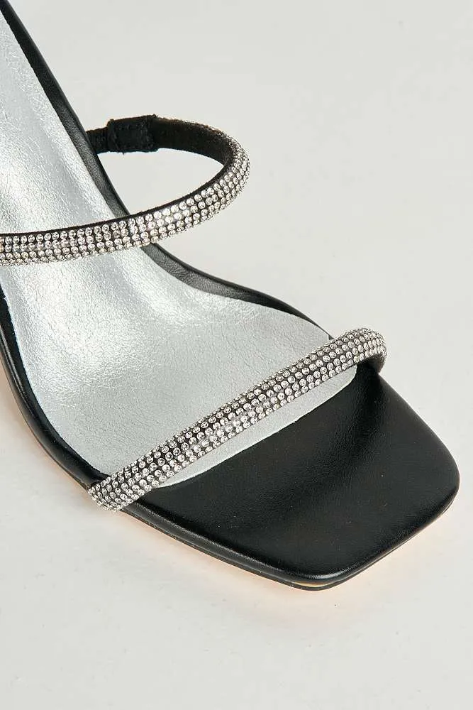 Pia 2 Diamante Strap & Flare Heel Mules in Black