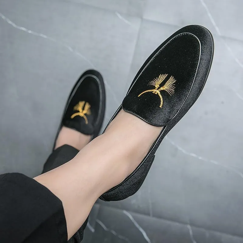 Santimon Men's Fashion Classic Velvet Loafers Embroidery Dress Shoes for Men Tuxedo Suit Shoes