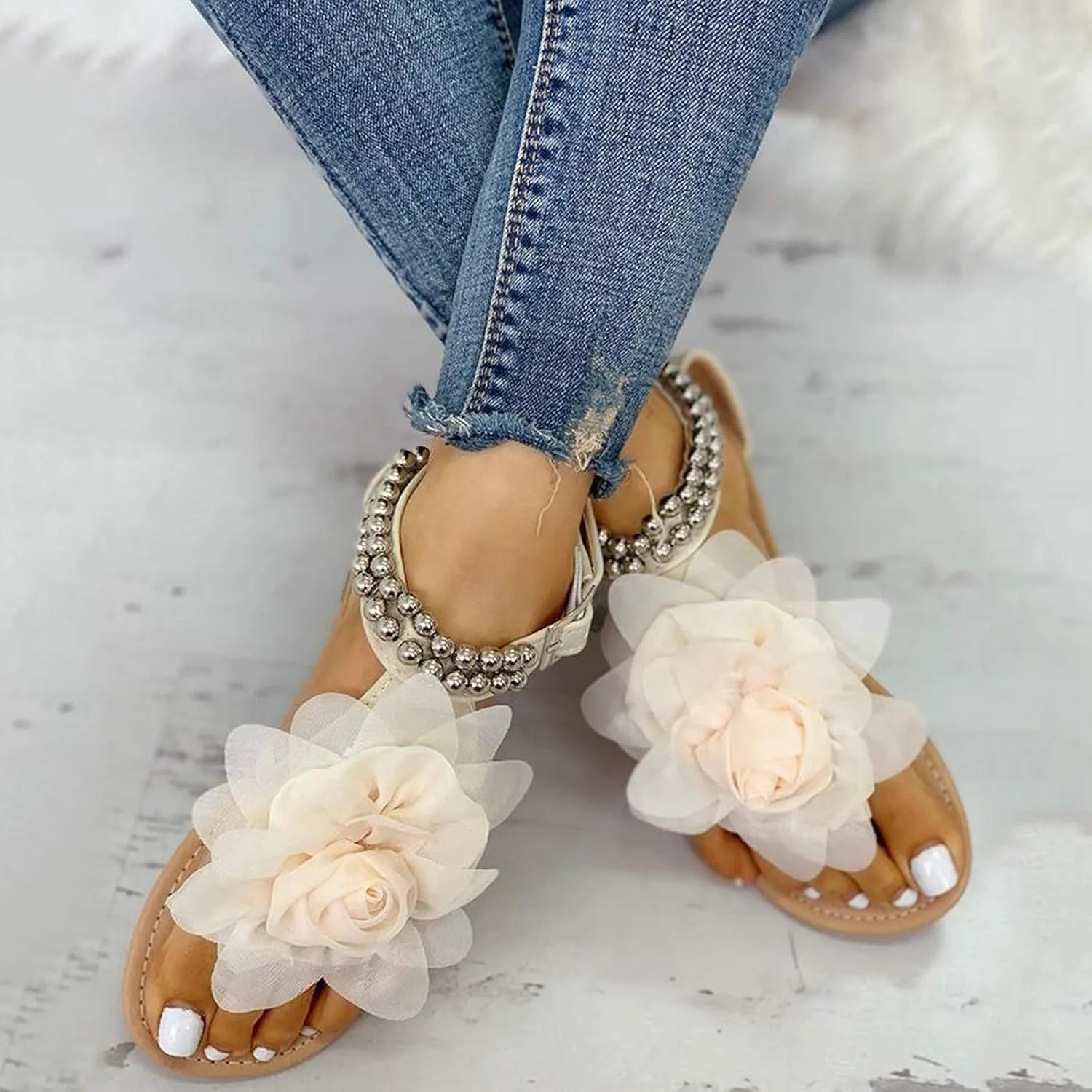 Thong Sandals for Women Beach,2020 New Womens Bohemia Flat Sandals Summer Beach Glitter Beaded Flip-Flop Thong Shoes