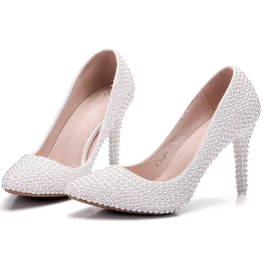 White imitation pearls wedding stiletto heels 3.5"