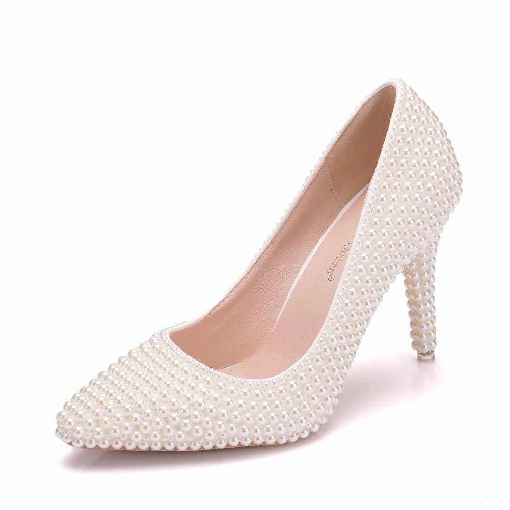 White imitation pearls wedding stiletto heels 3.5"