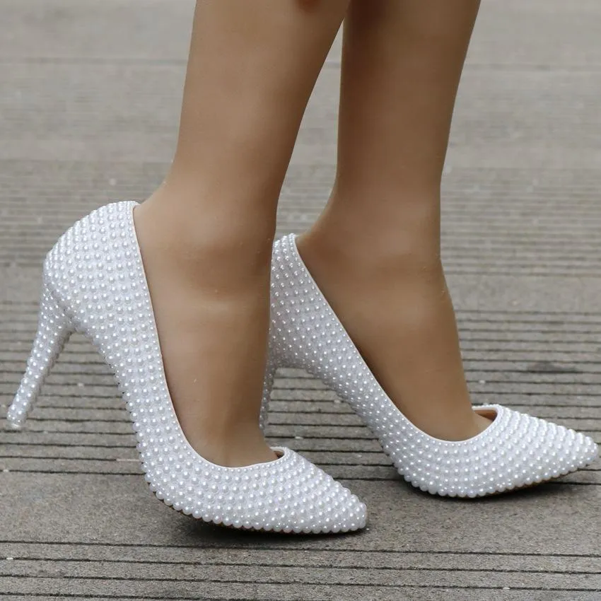 White imitation pearls wedding stiletto heels 3.5"
