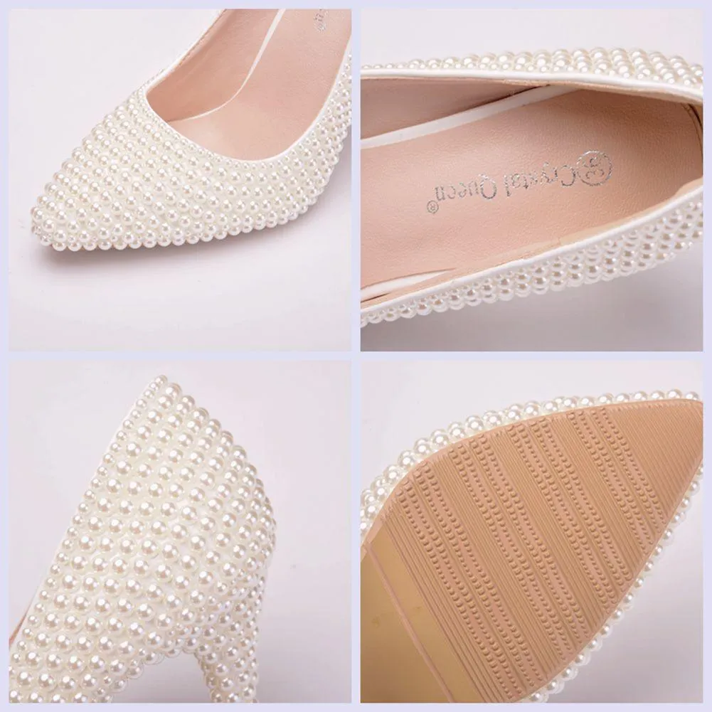 White imitation pearls wedding stiletto heels 3.5"