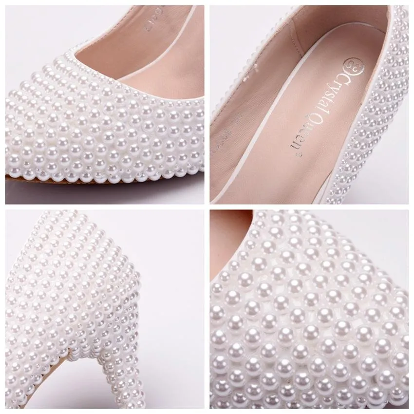 White imitation pearls wedding stiletto heels 3.5"