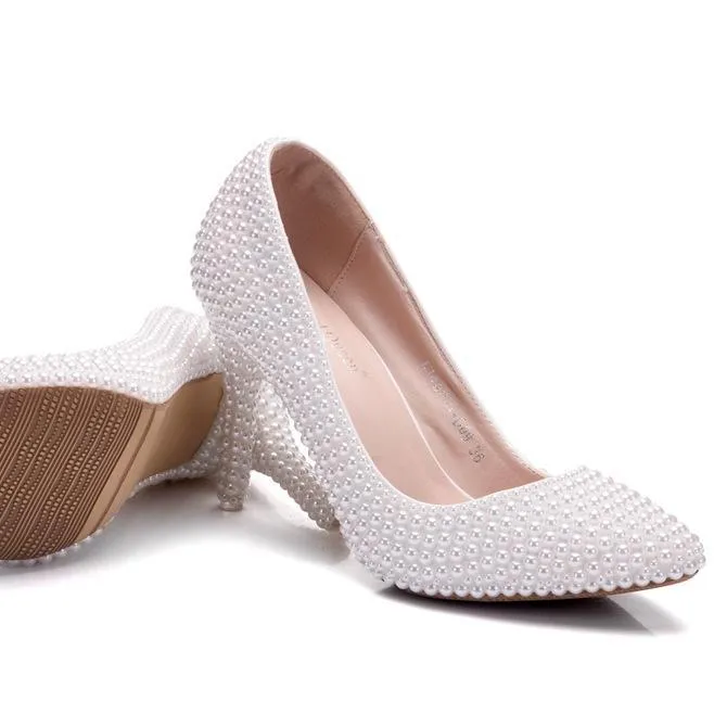 White imitation pearls wedding stiletto heels 3.5"
