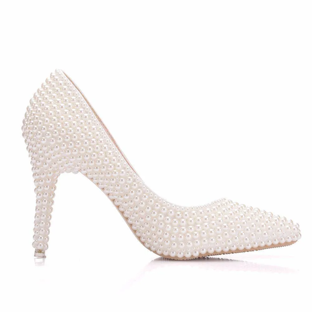 White imitation pearls wedding stiletto heels 3.5"
