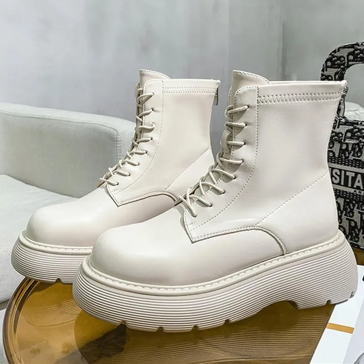 Women black lace up back zipper chunky platform motorcycle boots