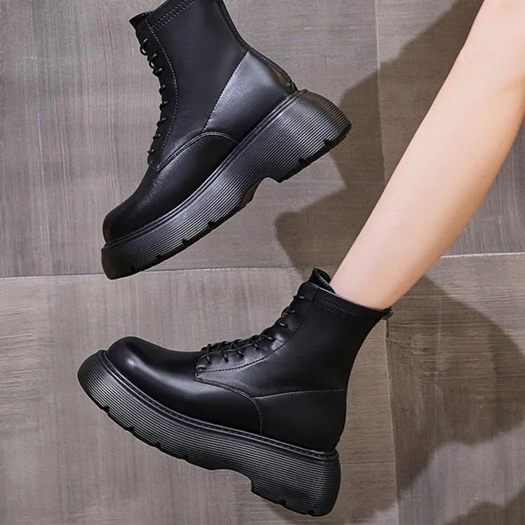 Women black lace up back zipper chunky platform motorcycle boots