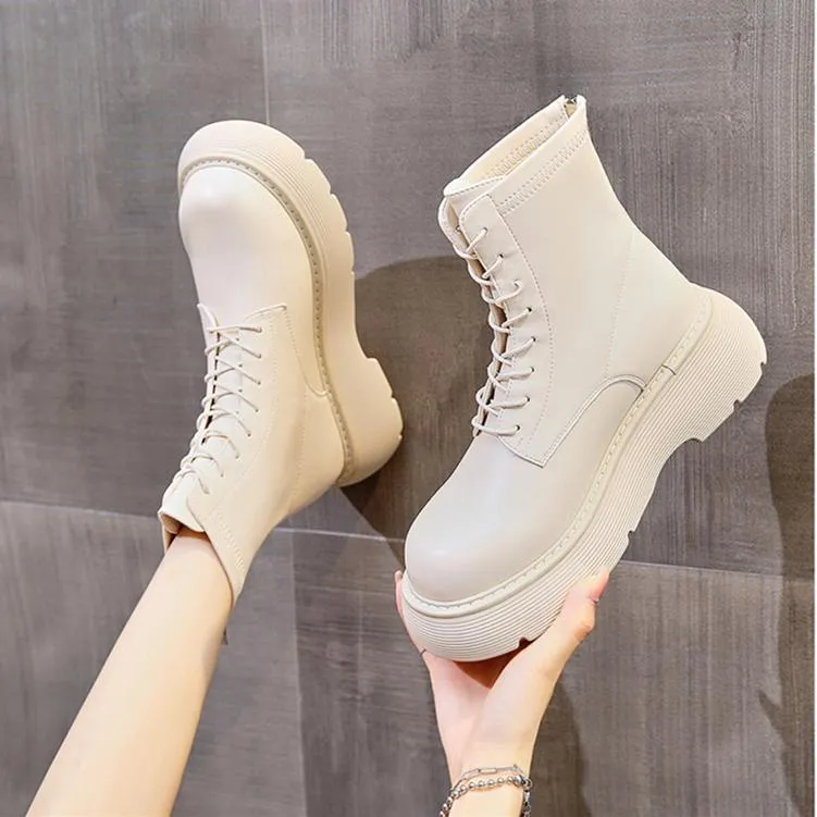 Women black lace up back zipper chunky platform motorcycle boots