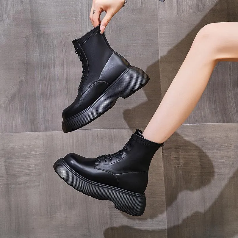 Women black lace up back zipper chunky platform motorcycle boots