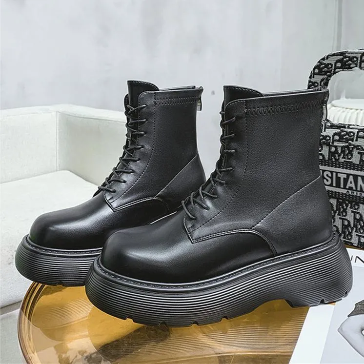 Women black lace up back zipper chunky platform motorcycle boots