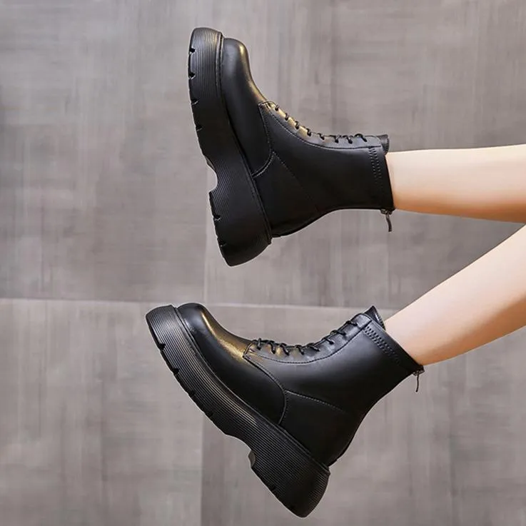 Women black lace up back zipper chunky platform motorcycle boots
