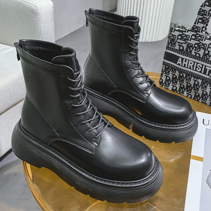 Women black lace up back zipper chunky platform motorcycle boots