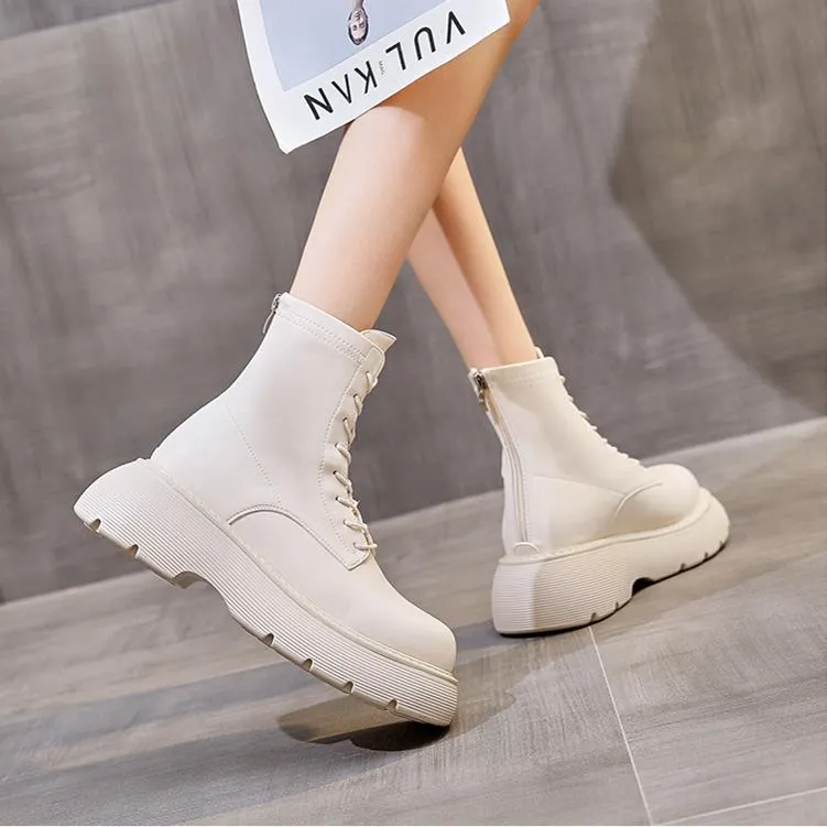 Women black lace up back zipper chunky platform motorcycle boots