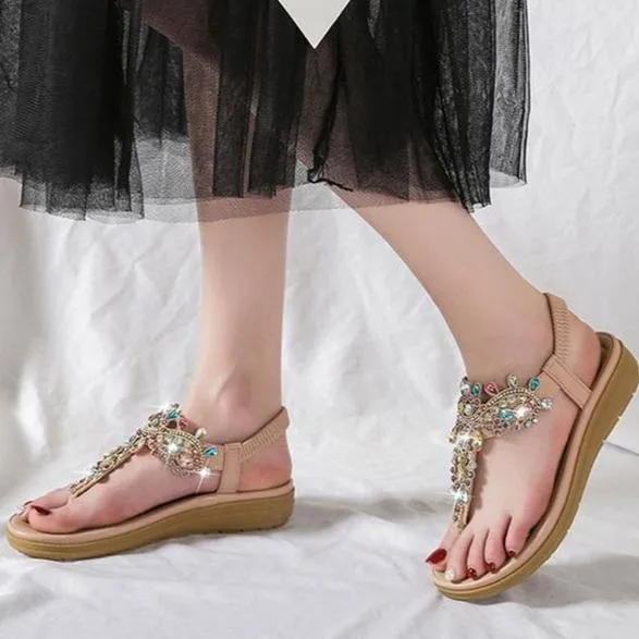 Women bohemian rhinestone ankle strap clip toe flat sandals