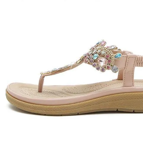 Women bohemian rhinestone ankle strap clip toe flat sandals