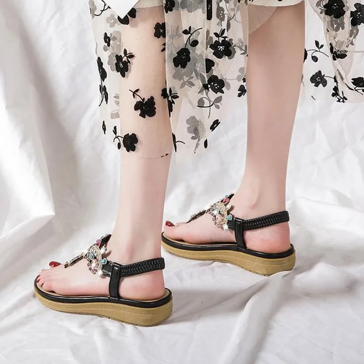 Women bohemian rhinestone ankle strap clip toe flat sandals
