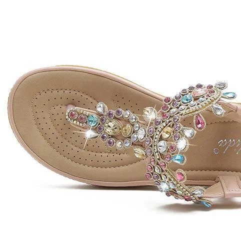 Women bohemian rhinestone ankle strap clip toe flat sandals