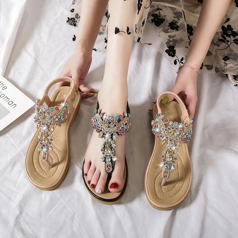 Women bohemian rhinestone ankle strap clip toe flat sandals
