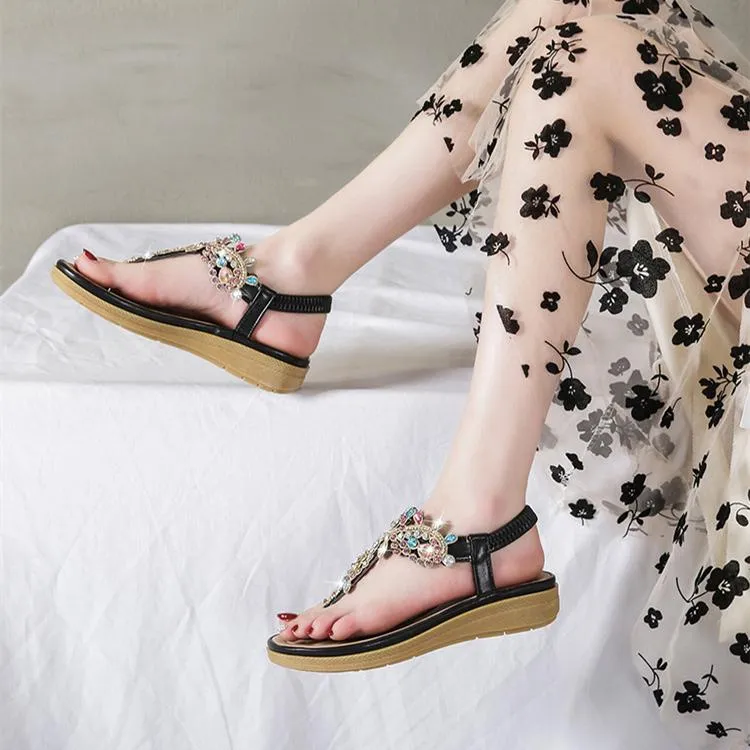 Women bohemian rhinestone ankle strap clip toe flat sandals