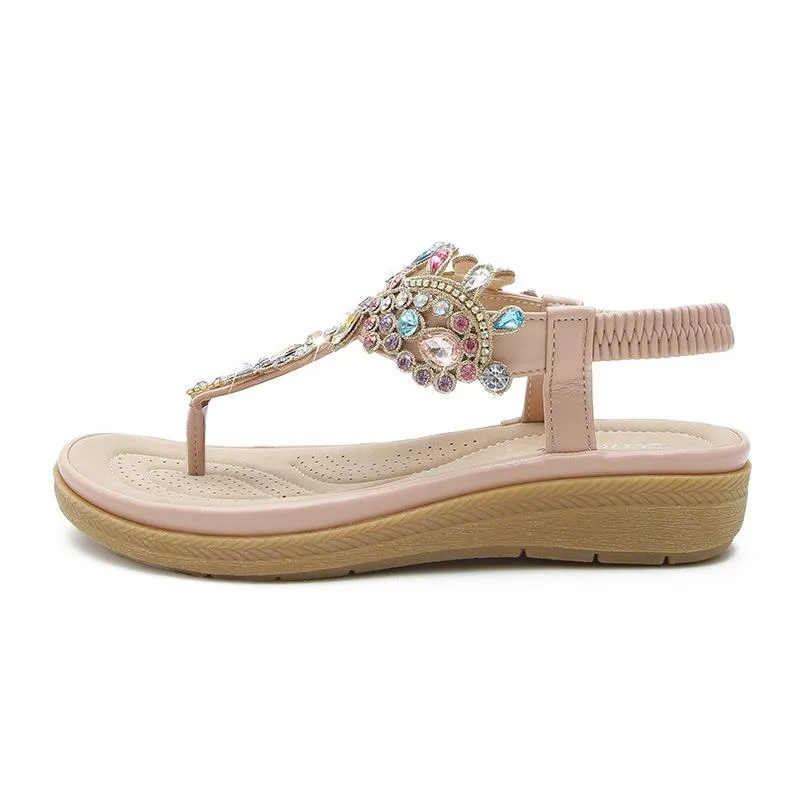 Women bohemian rhinestone ankle strap clip toe flat sandals