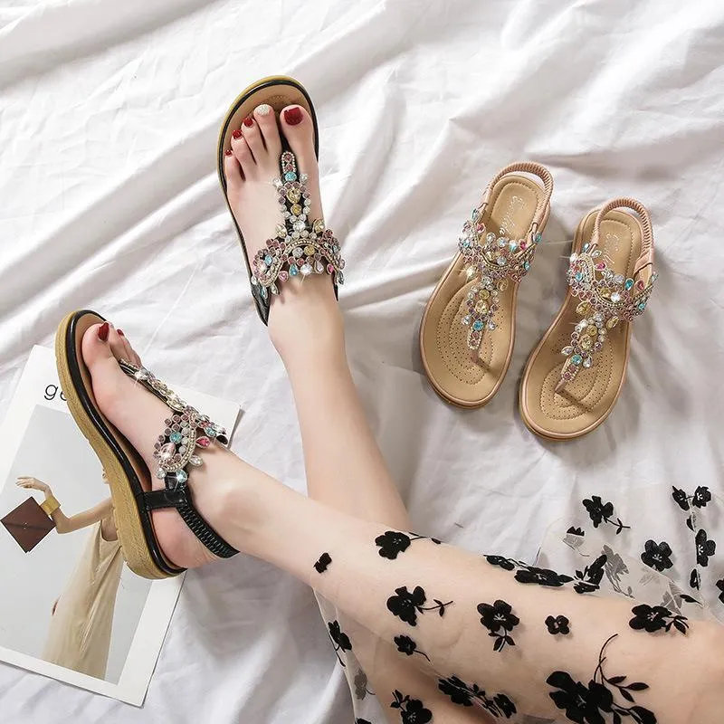 Women bohemian rhinestone ankle strap clip toe flat sandals