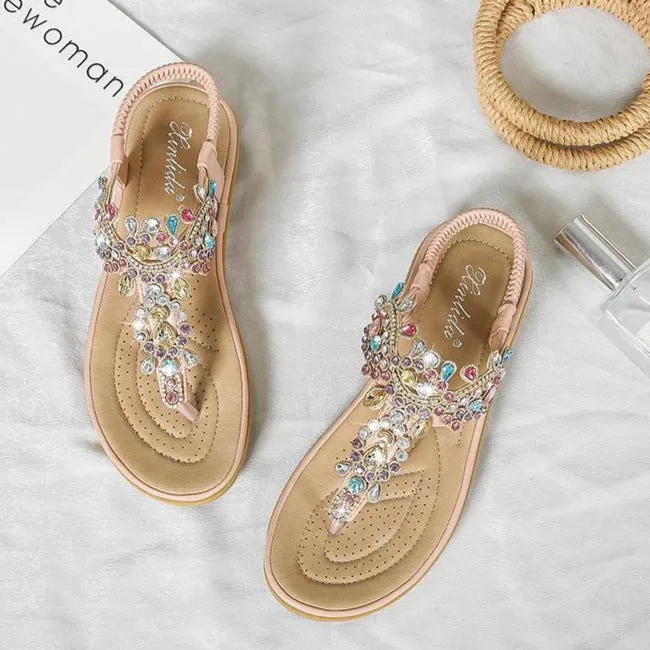 Women bohemian rhinestone ankle strap clip toe flat sandals