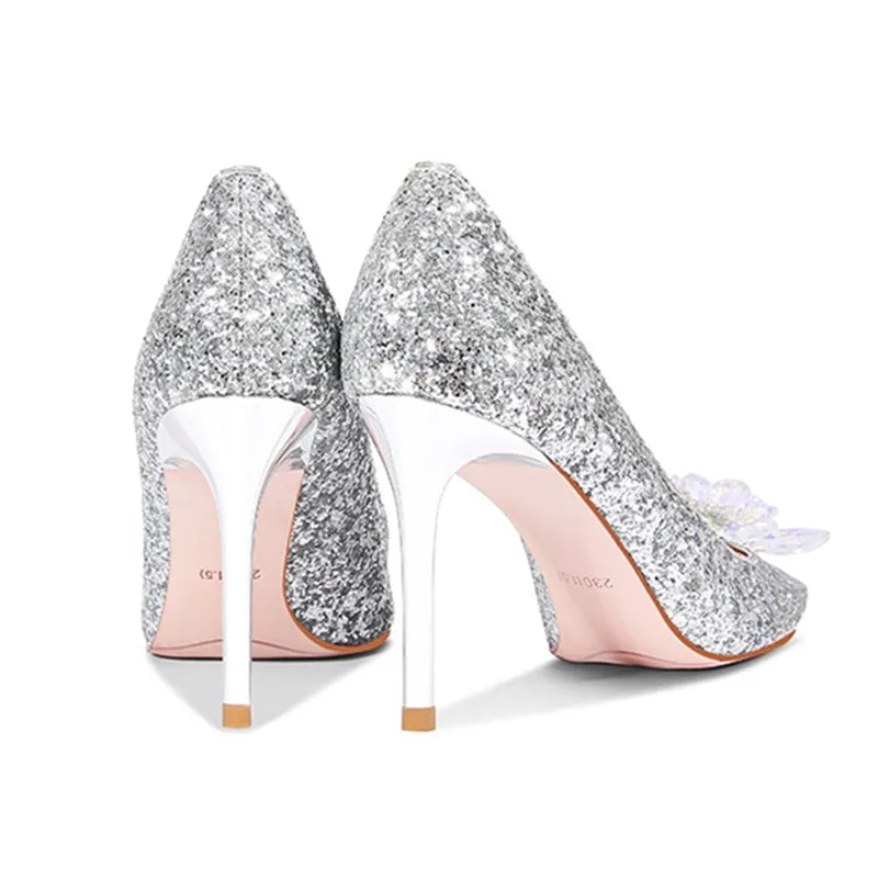 Women bridal rhinestone pointed toe sequin stiletto wedding heels
