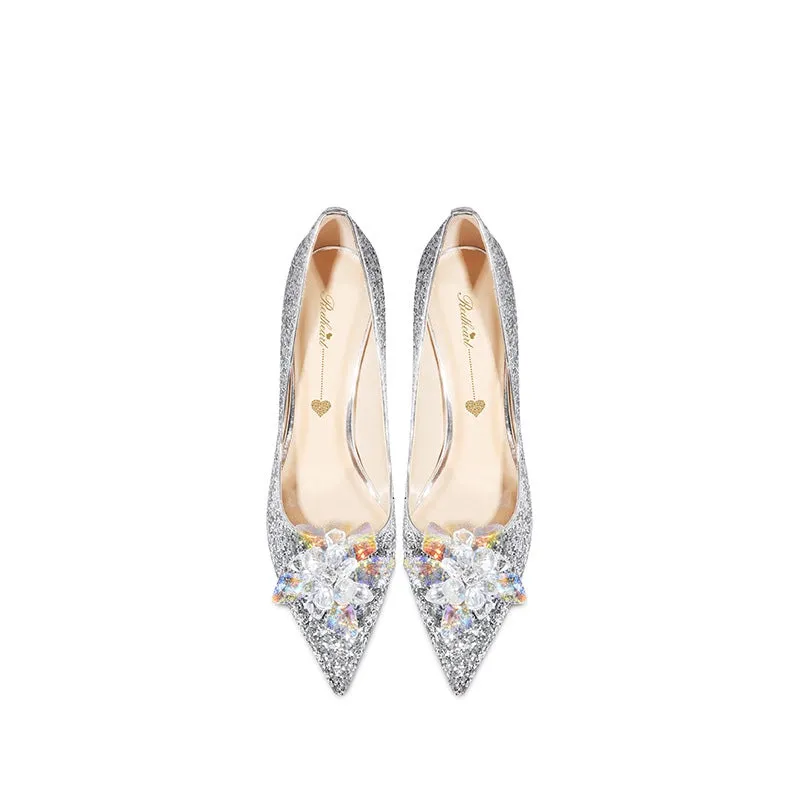 Women bridal rhinestone pointed toe sequin stiletto wedding heels