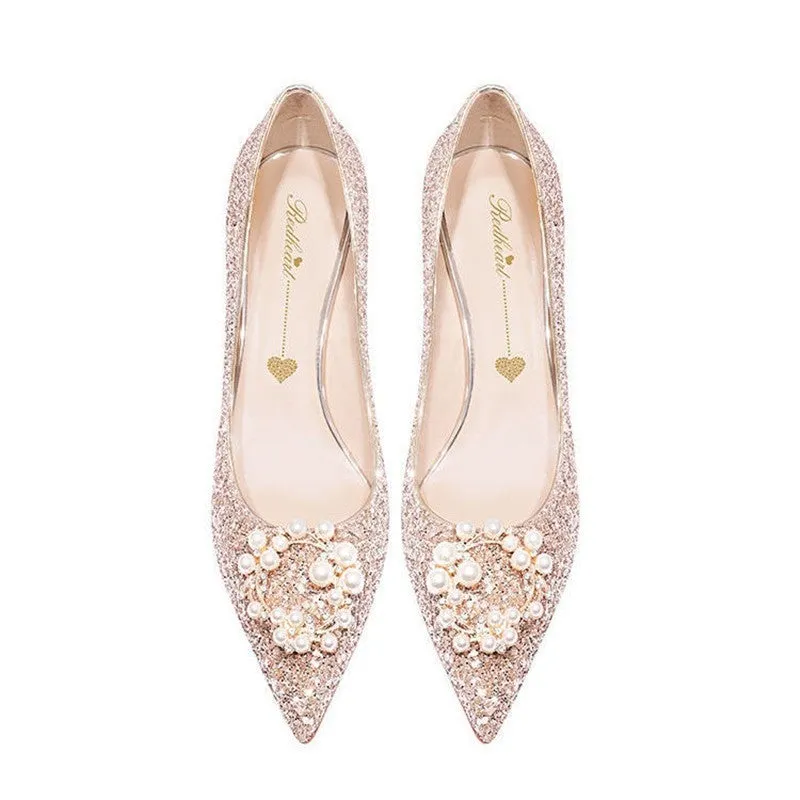 Women bridal rhinestone pointed toe sequin stiletto wedding heels