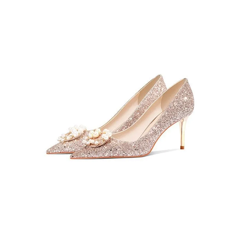 Women bridal rhinestone pointed toe sequin stiletto wedding heels