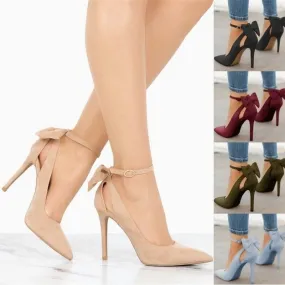 Women cute back bowknot ankle strap pointed toe stiletto heels