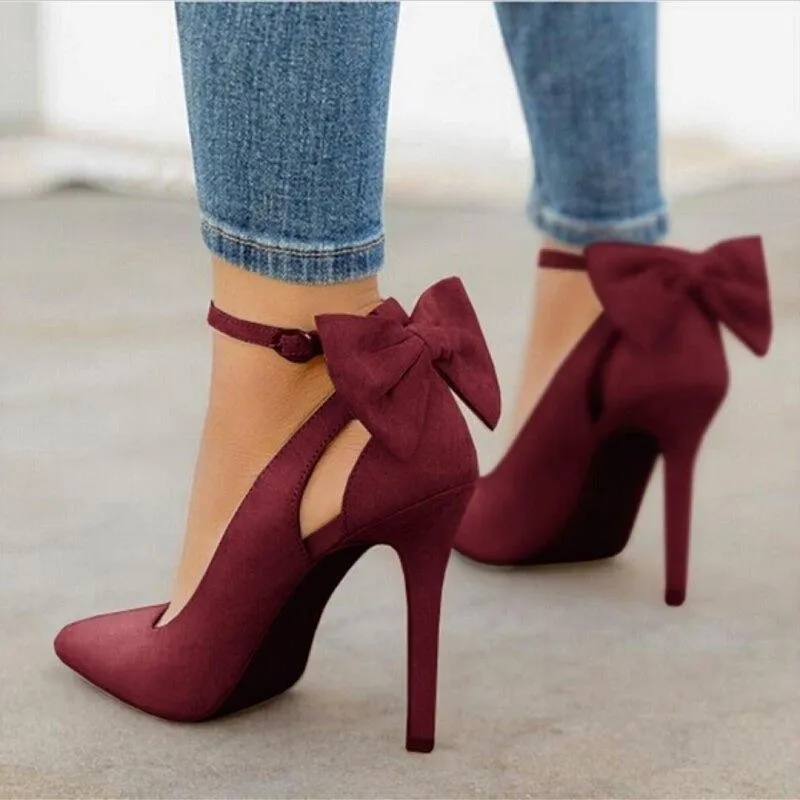Women cute back bowknot ankle strap pointed toe stiletto heels