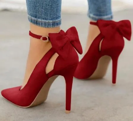 Women cute back bowknot ankle strap pointed toe stiletto heels