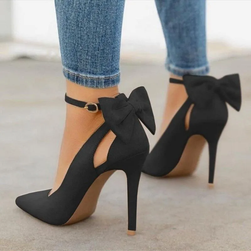 Women cute back bowknot ankle strap pointed toe stiletto heels