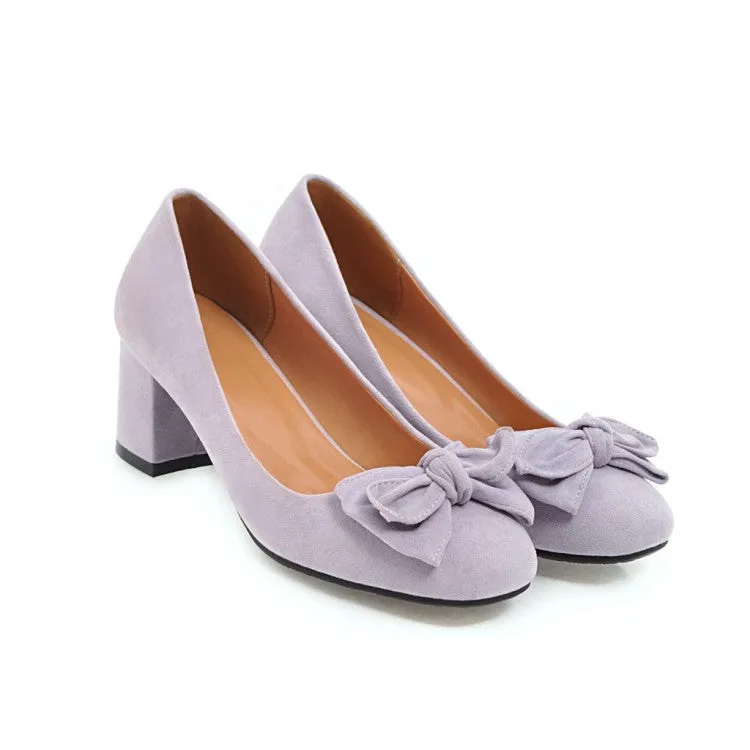 Women cute bowknot square toe slip on chunky heels