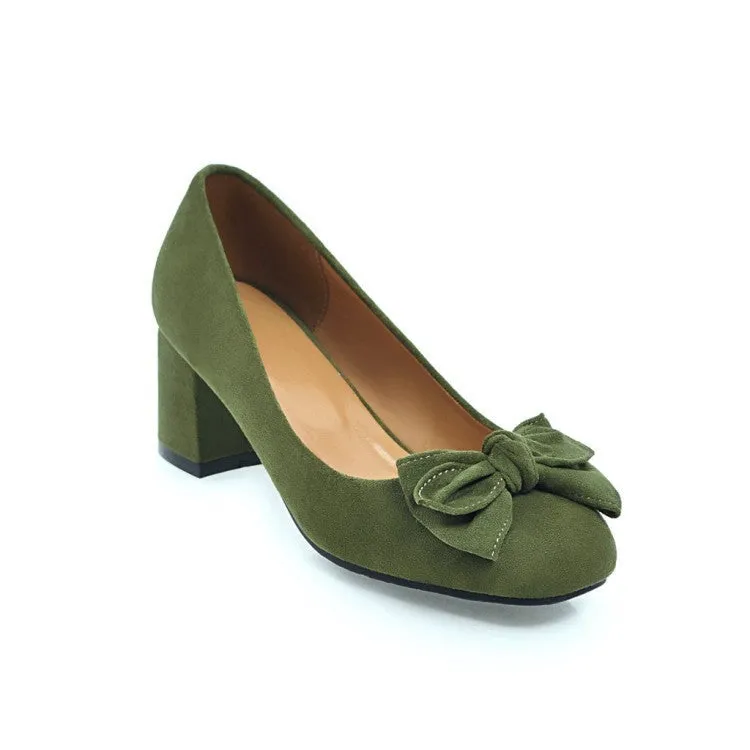 Women cute bowknot square toe slip on chunky heels