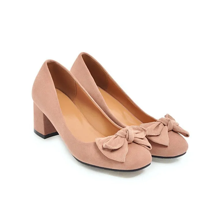 Women cute bowknot square toe slip on chunky heels