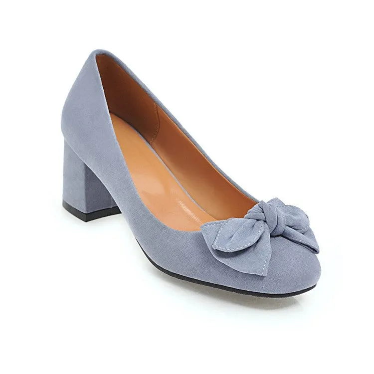 Women cute bowknot square toe slip on chunky heels