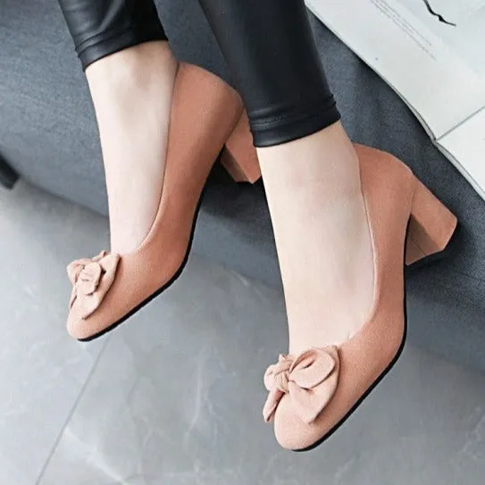 Women cute bowknot square toe slip on chunky heels