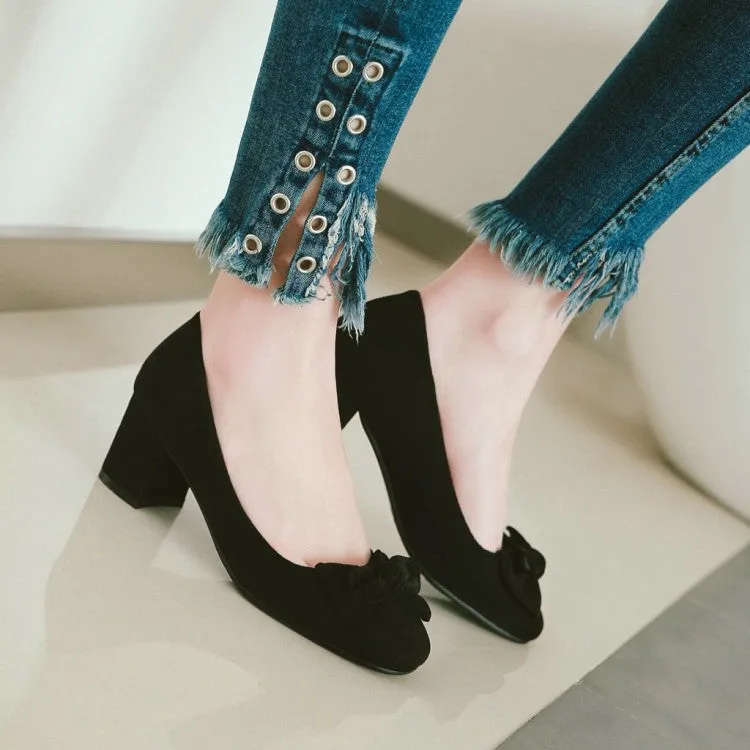 Women cute bowknot square toe slip on chunky heels