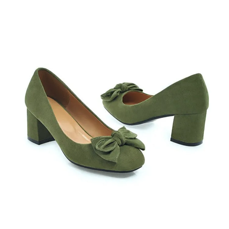 Women cute bowknot square toe slip on chunky heels