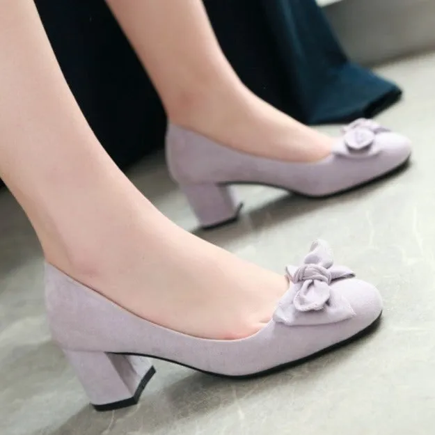 Women cute bowknot square toe slip on chunky heels