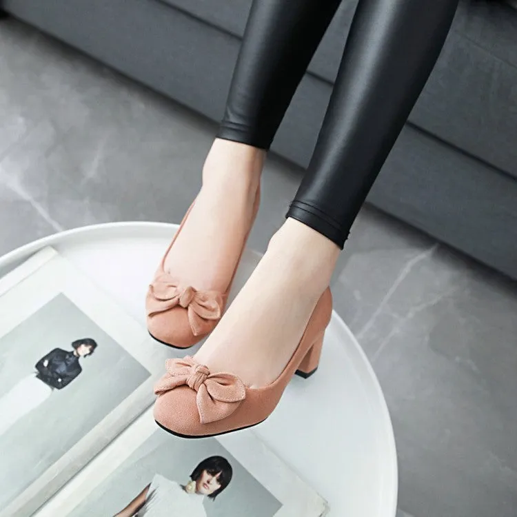 Women cute bowknot square toe slip on chunky heels
